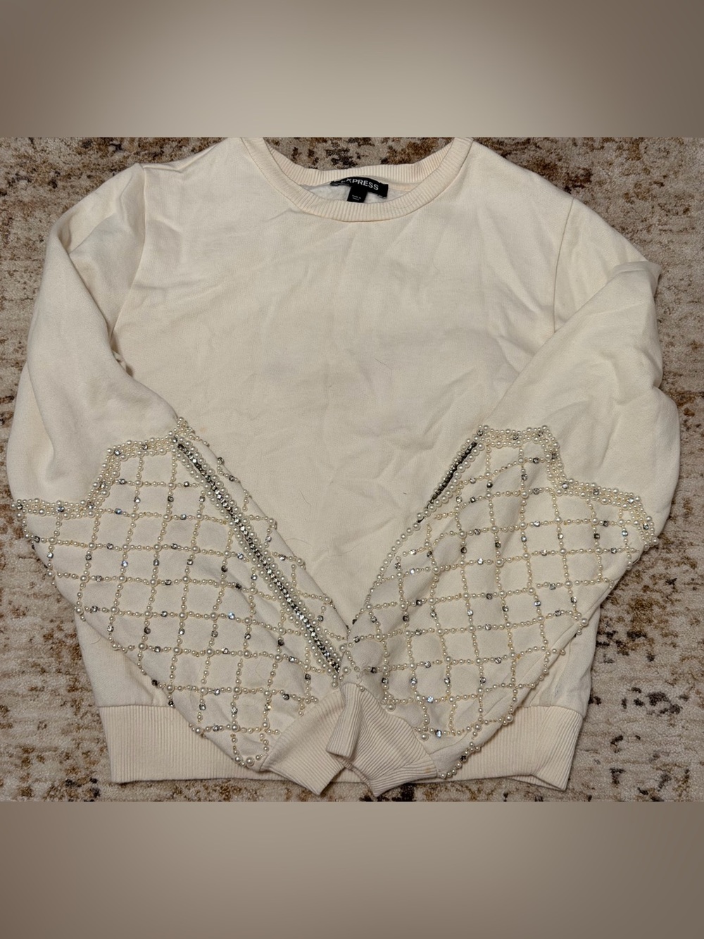 Express Cream Embellished Sleeve Sweatshirt